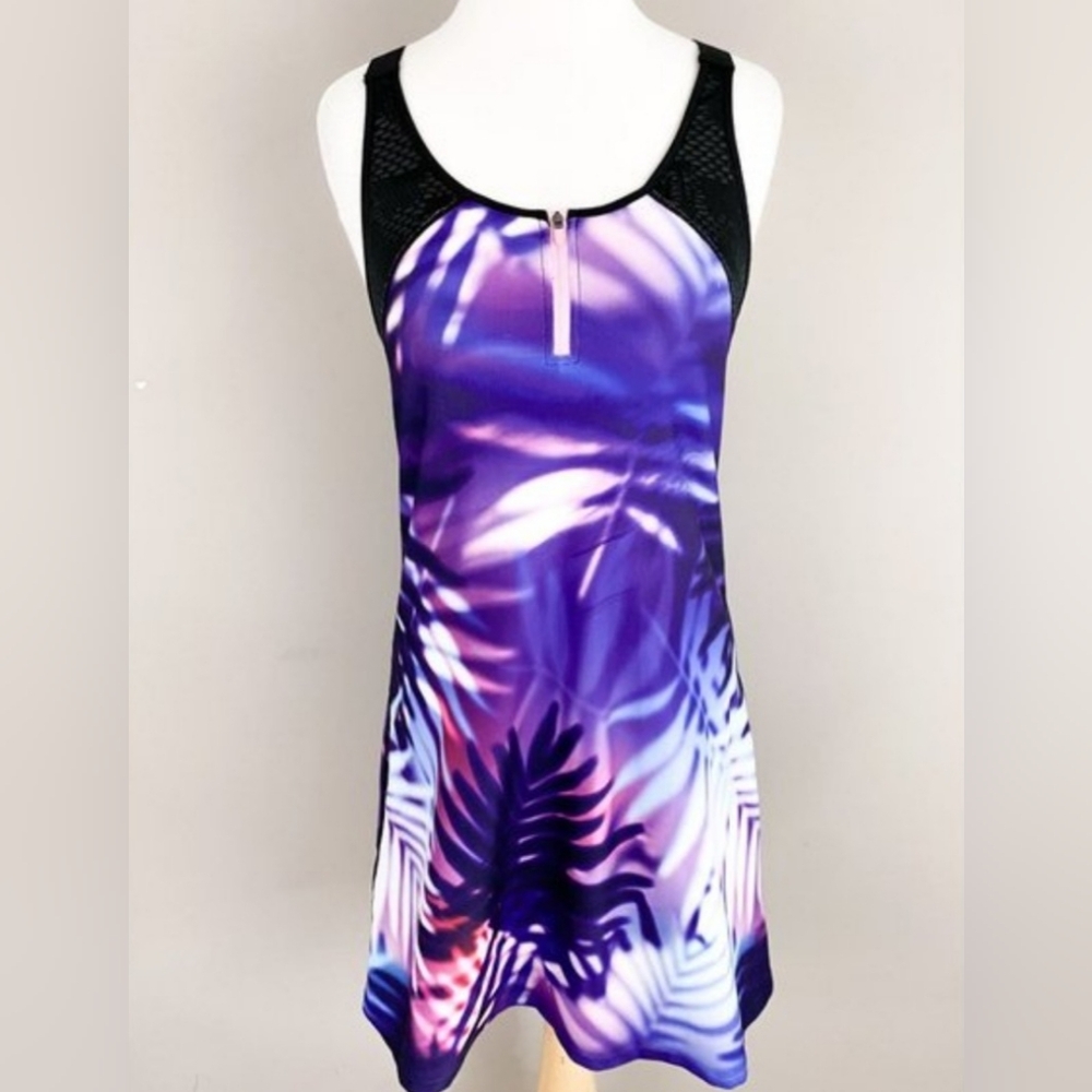 Nanette Lepore Athletic Swim Jersey Dress Palm Print Black Mesh Criss Cross Back